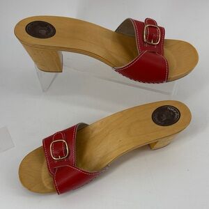 Red Leather Wooden Clogs Women's Sandals